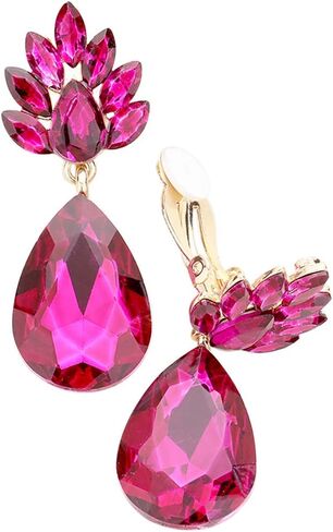Rosemarie Collections Women's Statement Flower Petal Marquis Leaf Large Glass Crystal Teardrop Clip on Earrings, 2" in Saudi Arabia