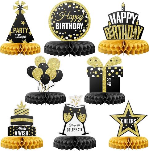 Happy Birthday Table Decoration Centerpieces - (12 Pieces, Black & Gold) - Double-Sided Happy Birthday Centerpieces for Tables - Party Supplies for Elegant Birthday Decorations by PixiPy in Kuwait