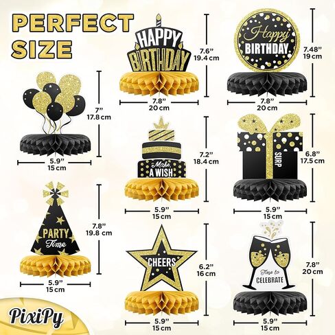 Happy Birthday Table Decoration Centerpieces - (12 Pieces, Black & Gold) - Double-Sided Happy Birthday Centerpieces for Tables - Party Supplies for Elegant Birthday Decorations by PixiPy in Kuwait