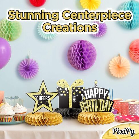 Happy Birthday Table Decoration Centerpieces - (12 Pieces, Black & Gold) - Double-Sided Happy Birthday Centerpieces for Tables - Party Supplies for Elegant Birthday Decorations by PixiPy in Kuwait