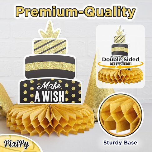 Happy Birthday Table Decoration Centerpieces - (12 Pieces, Black & Gold) - Double-Sided Happy Birthday Centerpieces for Tables - Party Supplies for Elegant Birthday Decorations by PixiPy in Kuwait