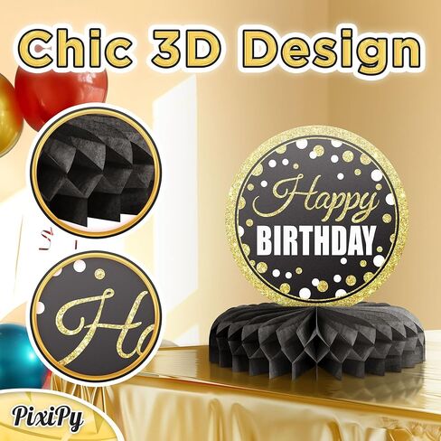 Happy Birthday Table Decoration Centerpieces - (12 Pieces, Black & Gold) - Double-Sided Happy Birthday Centerpieces for Tables - Party Supplies for Elegant Birthday Decorations by PixiPy in Kuwait