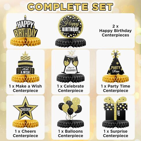 Happy Birthday Table Decoration Centerpieces - (12 Pieces, Black & Gold) - Double-Sided Happy Birthday Centerpieces for Tables - Party Supplies for Elegant Birthday Decorations by PixiPy in Kuwait