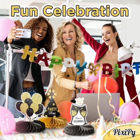 Happy Birthday Table Decoration Centerpieces - (12 Pieces, Black & Gold) - Double-Sided Happy Birthday Centerpieces for Tables - Party Supplies for Elegant Birthday Decorations by PixiPy in Kuwait