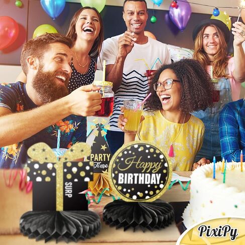Happy Birthday Table Decoration Centerpieces - (12 Pieces, Black & Gold) - Double-Sided Happy Birthday Centerpieces for Tables - Party Supplies for Elegant Birthday Decorations by PixiPy in Kuwait