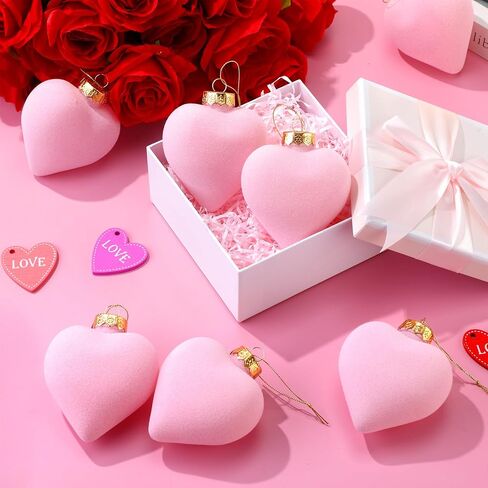 Moucuny 24 Pcs Valentine's Day Hanging Heart Ornaments 3.15 Inch Heart Shaped Tree Baubles Valentine Velvet Ball Ornaments Valentine Tree Decorations and Ornaments for Wedding Party, Pink, Red, White in Saudi Arabia