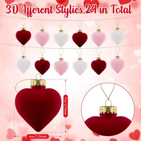 Moucuny 24 Pcs Valentine's Day Hanging Heart Ornaments 3.15 Inch Heart Shaped Tree Baubles Valentine Velvet Ball Ornaments Valentine Tree Decorations and Ornaments for Wedding Party, Pink, Red, White in Saudi Arabia
