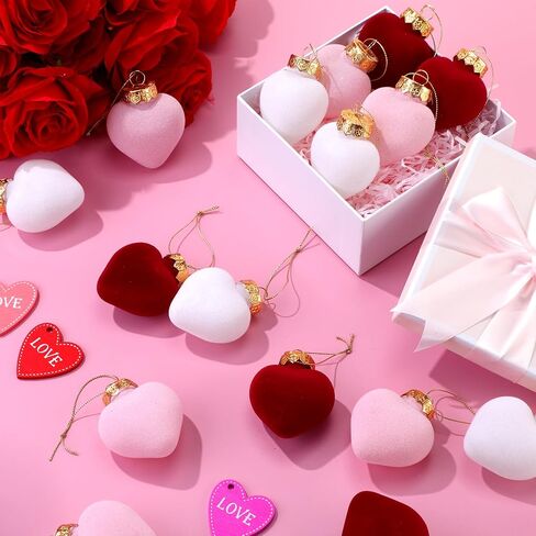 Moucuny 24 Pcs Valentine's Day Hanging Heart Ornaments 3.15 Inch Heart Shaped Tree Baubles Valentine Velvet Ball Ornaments Valentine Tree Decorations and Ornaments for Wedding Party, Pink, Red, White in Saudi Arabia