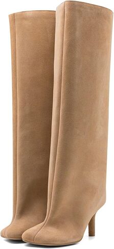 Women's Knee High Boots Suede Wide Calf Stiletto Tall Booties Square Toe Pull On High Heel Riding Long Boots for Women Ladies Fahion Dress Boots Nude Size 10 in Saudi Arabia