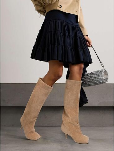 Women's Knee High Boots Suede Wide Calf Stiletto Tall Booties Square Toe Pull On High Heel Riding Long Boots for Women Ladies Fahion Dress Boots Nude Size 10 in Saudi Arabia