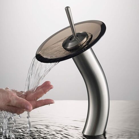 Kraus KGW-1700-PU-10ORB-BRCL Single Lever Vessel Glass Waterfall Bathroom Faucet Oil Rubbed Bronze with Brown Clear Glass Disk and Pop Up Drain in Saudi Arabia