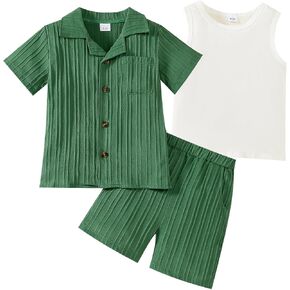 Kid Toddler Boy Clothes Short Sleeve Button-Down Shirt+Shorts+White Vest Summer Clothing Set 2-12 Years