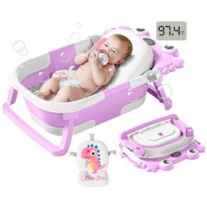 Collapsible Baby Bathtub for Newborns to Toddler with Real-time Temp Monitor & Floating Cushion,Portable Travel Tub for 0-36 Month, Foldable Baby Bath Tub for Infants Boy (Blue)