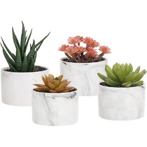 MyGift Set of 4 Mini Assorted Artificial Succulent Fake Plants in Modern White Textured Ceramic Plant Pots