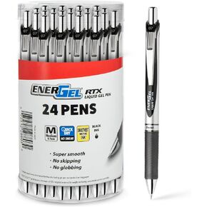 Pentel Energel 0.7 mm RTX Retractable Liquid Gel Pen - Bulk Pack of 24 Black Ink Pens - Metal Tip - Medium Line - Premium Energel Liquid Gel Ink Pens 0.7 mm - Great for Office, School & Home