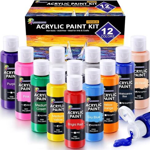 Acrylic Paint, 24 Colors Acrylic Paint Set, 2oz/59ml Bottles, Premium Acrylic Paints for Artists, Beginners and Adults on Canvas Rocks Wood Ceramic Fabric in Kuwait
