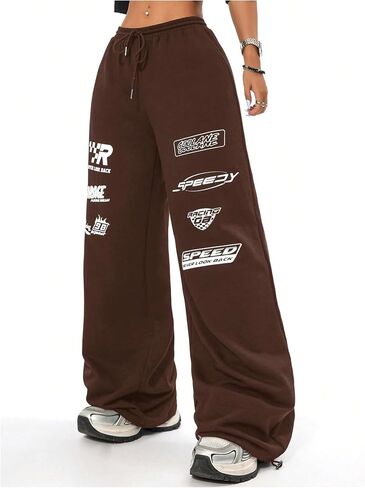 Verdusa Women's Elastic Waist Drawstring Loose Jogger Pants Letter Printed Wide Leg Sweatpants in Saudi Arabia