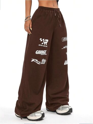 Verdusa Women's Elastic Waist Drawstring Loose Jogger Pants Letter Printed Wide Leg Sweatpants in Saudi Arabia