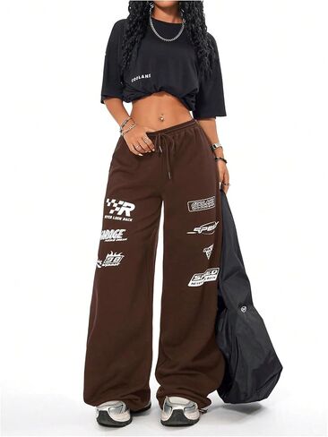 Verdusa Women's Elastic Waist Drawstring Loose Jogger Pants Letter Printed Wide Leg Sweatpants in Saudi Arabia