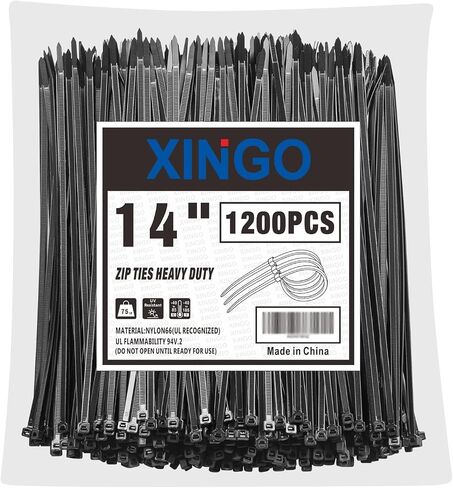 XINGO 14 Inch Black Zip Ties 1200 PCS, 75 LBS Tensile Strength, UV Resistant Cable Ties, Self-locking Plastic Ties for Indoor and Outdoor Use in Saudi Arabia