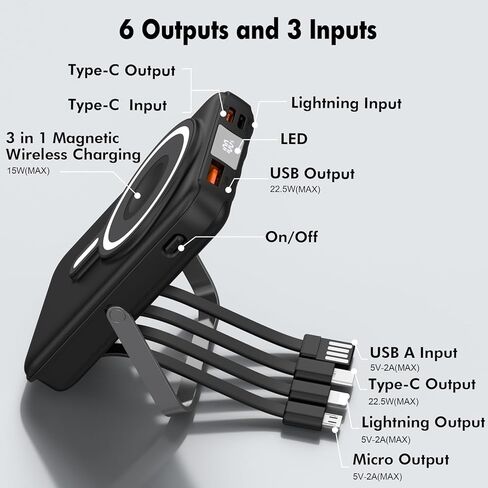 شاحن محمول لاسلكي، بنك طاقة مغناطيسي 3 في 1 بقدرة 10000 مللي أمبير في الساعة مع شاشة LED، حزمة بطارية Mag-Safe للشحن السريع بقدرة 22.5 وات، متوافق مع iPhone 15/14/13/12، وسلسلة Apple Watch، وAirpods (أسود) in Kuwait