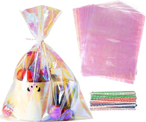 QCBF Cellophane 4 * 9 inch, Rainbow holographic gift bag, 100pcs, clear glass bag with twisted zipper tie, suitable for birthday parties, Valentine's Day, Easter, wedding, Christmas, Halloween in Saudi Arabia