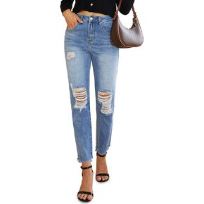 Genleck Womens Stretch Ripped Jeans Distressed High Waisted Mom Jeans Frayed Raw Hem Denim Pants with Holes in Kuwait