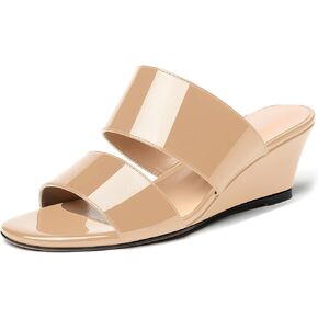 WAYDERNS Women's Beige Wedge Slip On 2 Inch Open Toe Two Piece Low Heel Wedges Sandals Size 8 - Sapatos de Mujer de Tacon
