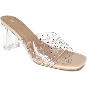 Shion ShaaYii Womens Clear Square Toe Heels Sandals Chunky Heels Transparent Rhinestone Strap Slip on Mules for Women Party Dating Daily Standard Size 2.95 Inch