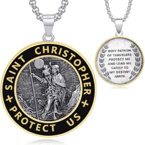 LES OSEWA 925 Sterling Silver Patron Saint Necklace Amulet Miraculous Medal Pendant Jewelry for Men Women with 2.0mm 20+2" Rolo Chain (with Gift Box)