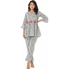 VIHAAN IMPEX Women's Floral Print Co-Ord Set With Tassels White