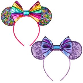 Foeran Mouse Ears Headbands Shiny Bows Mouse Ears Glitter Party Princess Decoration Cosplay Costume for Baby Kids Girls & Women (Magic rainbow-1+Purple-1)
