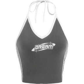 SHENHE Women's Tie Halter Neck Backless Graphic Letter Print Y2k Cute Crop Top Shirt