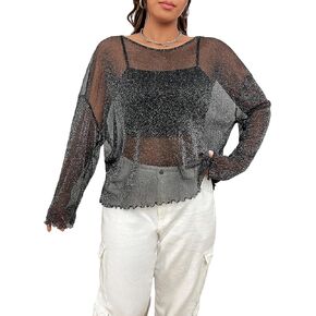 WDIRARA Women's Plus Size Lettuce Trim Drop Shoulder Mesh Top Without Cami Top