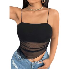 SweatyRocks Women's Spaghetti Strap Square Neck Cami Top Asymmetrical Hem Mesh Ruched Slim Fit Crop Tank Tops
