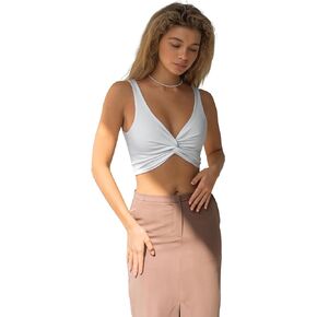 NEZABU Women's Sexy Sleeveless Deep V Neck Cropped Yoga Tank Top Front Knot Twist Workout Crop Sports Bra