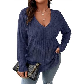 Koscacy Plus Size Tunic Tops for Women Fall Fashion 2023 Cute Clothes Deep Blue Top Womens Tshirts Concert Outfit Casual Knit Sweater V Neck Blouses 4XL