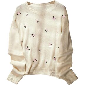 SweatyRocks Women's Casual Long Sleeve Drop Shoulder Sweater Floral Embroidery Round Neck Pullover Sweater
