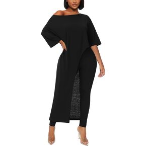 Ekaliy Women's Two Piece off the Shoulder Set Pants 3/4 Sleeve Asymmetrica Tops Skinny Leggings Womens Matching Sets Casual