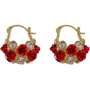 Vintage Rose Flower Hoop Earrings for Women Girls Diamond Crystal Blossoms Floral Cuffs Huggie Hoops Statement Earrings Wedding Earrings Christmas Jewelry Gifts 14K Gold Plated