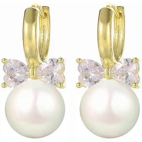 MIKAMU 14K Gold Ribbon Bow Hoop Earrings for Women CZ cubic zirconia Gold Plated Pearl Earring for Women Jewelry Birthday Gifts for