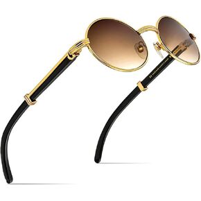 Street Knitted Brown Tint Gold Frame Round Oval Men's Hip Hop Fashion Woodgrain Sunglasses