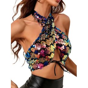 EVILD Sequins Sexy Glitter Tank Halter Tie up Cropped Top Backless Bandage Party Rave Tank Top Sleevless Sexy Sparky Camisole