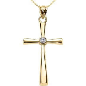 14K Yellow Gold Solitaire Diamond Accented Cross Pendant Necklace (K-M Color, Promo Clarity) - Choice of Length
