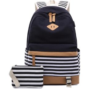 Women Laptop Backpack High School Bookbag 15.6 inch Casual Travel College Canvas with USB Charging Port (1-Black)