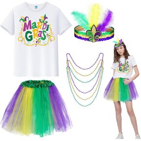 CAMDUCK 6 Pcs Women's Mardi Gras Outfit Accessories Set, Mardi Gras T-Shirt Headband Tutu Skirt Socks Bead Necklace