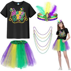 مجموعة إكسسوارات أزياء CAMDUCK 6 قطع للسيدات من Mardi Gras، تي شيرت Mardi Gras وعصابة رأس تنورة توتو وجوارب وقلادة من الخرز