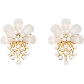 Shell Pearl Flower Stud Earrings for Women Girls Gold Plated White Flowers Tassel Imitation Pearls Dangle Earring Elegant Wedding Birthday Party Christmas Jewelry Dainty Cute Gifts