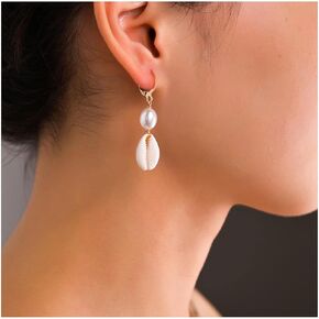 Bohemian Pearl Shell Drop Earrings Gold Pearl Earrings Cowrie Shell Dangle Earrings Natural Seashell Earrings Jewelry for Women and Girls