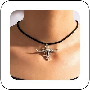 Andelaisi Boho Black Velvet Choker Necklace Silver Ox Head Pendant Necklace Gothic Suede Collar Necklace Punk Black Choker Necklace Jewelry for Women and Girls